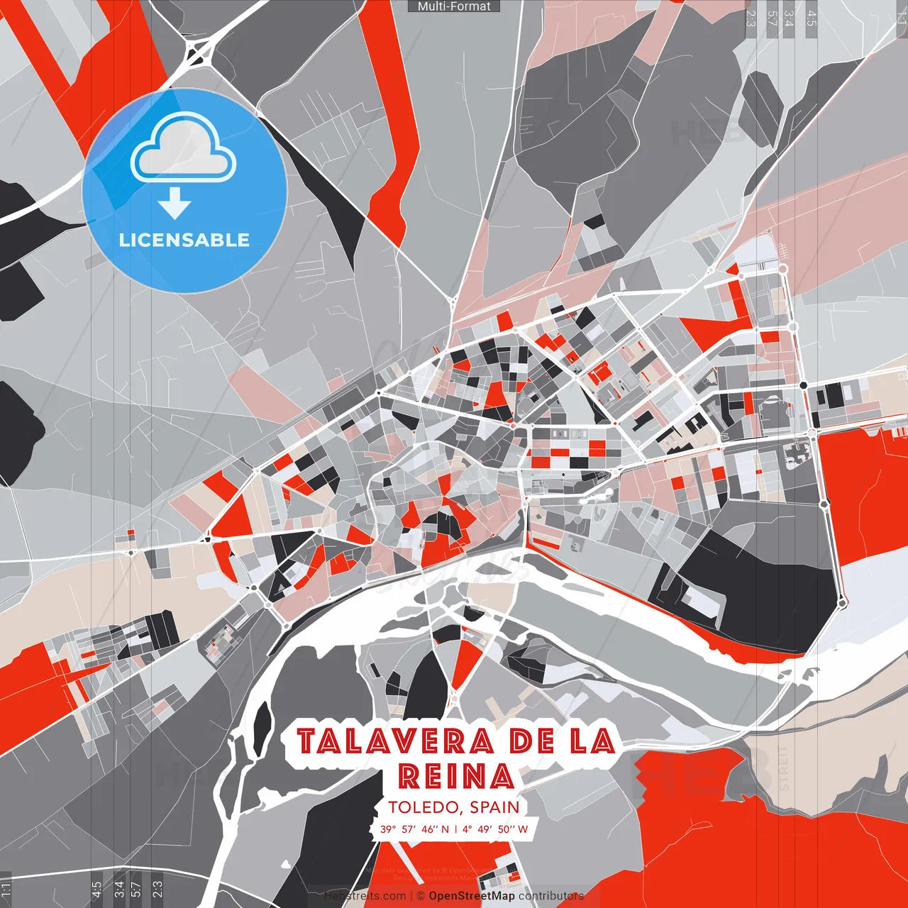 Talavera de la Reina, Toledo, Spain - modern street map poster template with gray and red tones