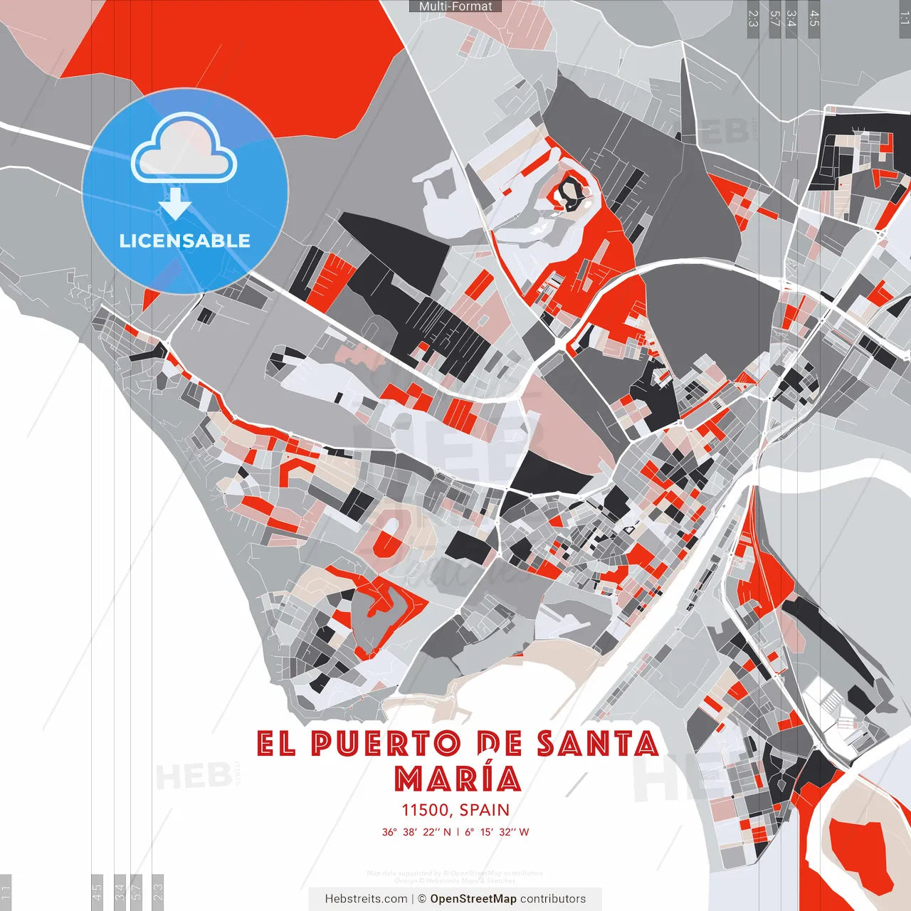 El Puerto de Santa María, 11500, Spain - modern street map poster template with gray and red tones