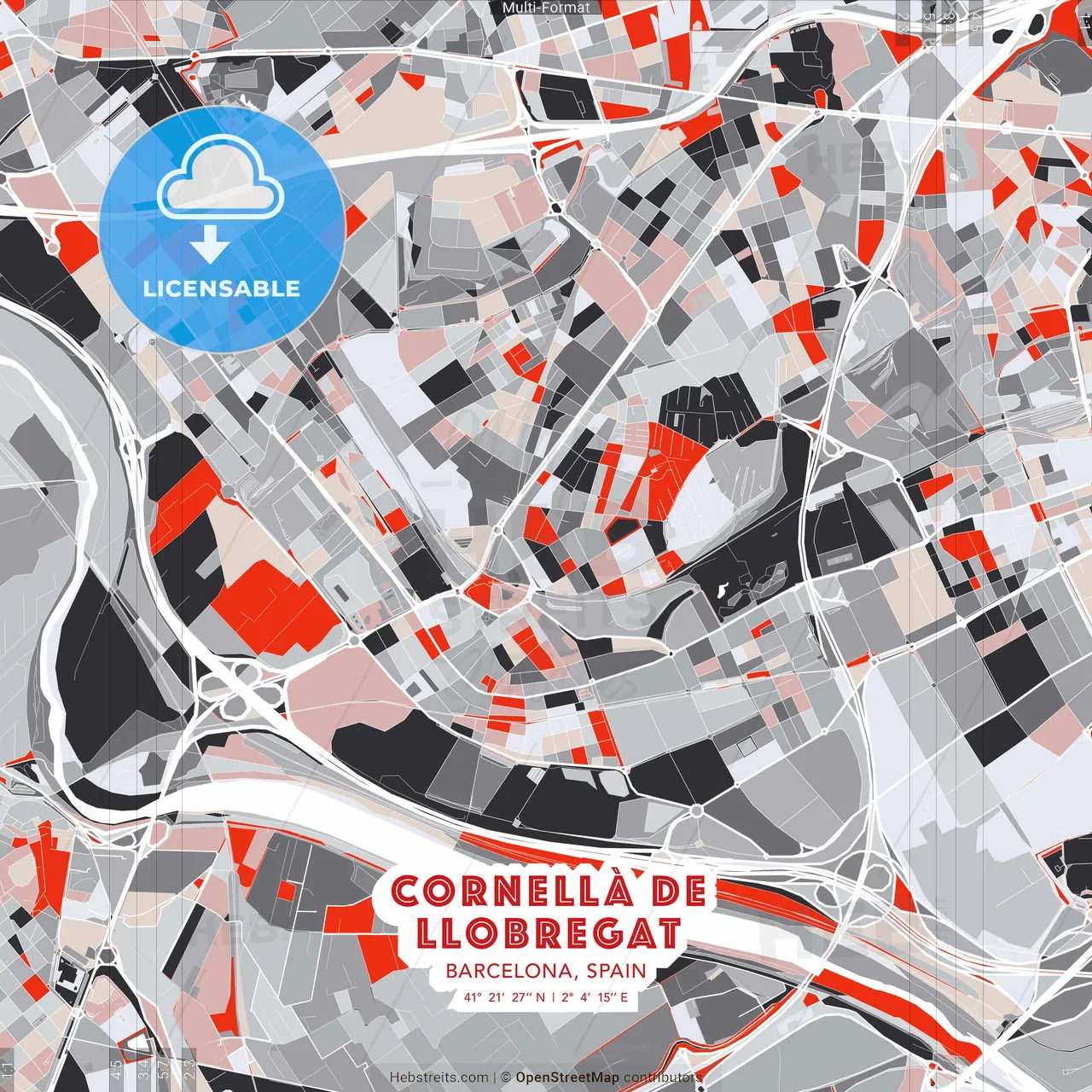 Cornellà de Llobregat, Barcelona, Spain - modern street map poster template with gray and red tones