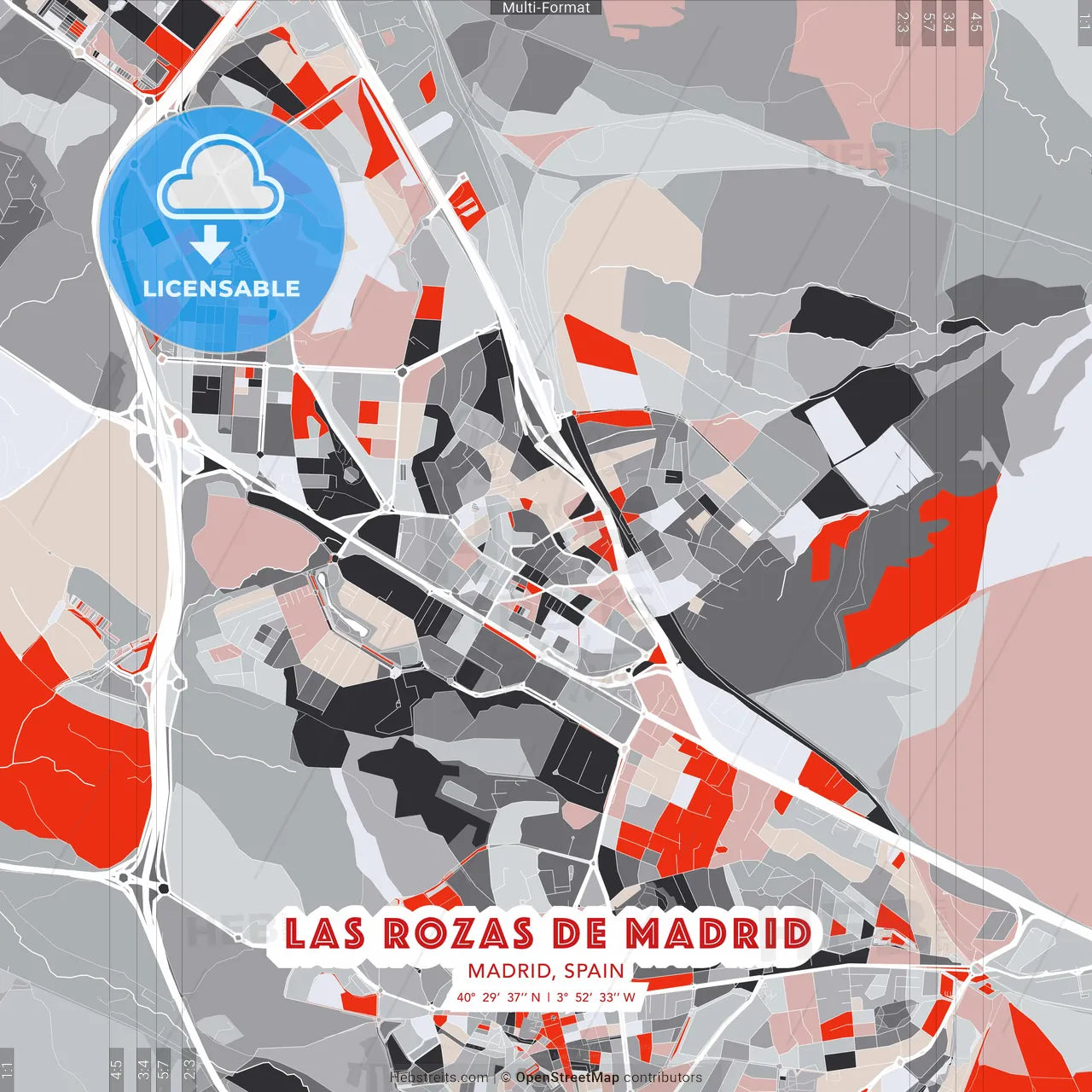 Las Rozas de Madrid, Madrid, Spain - modern street map poster template with gray and red tones