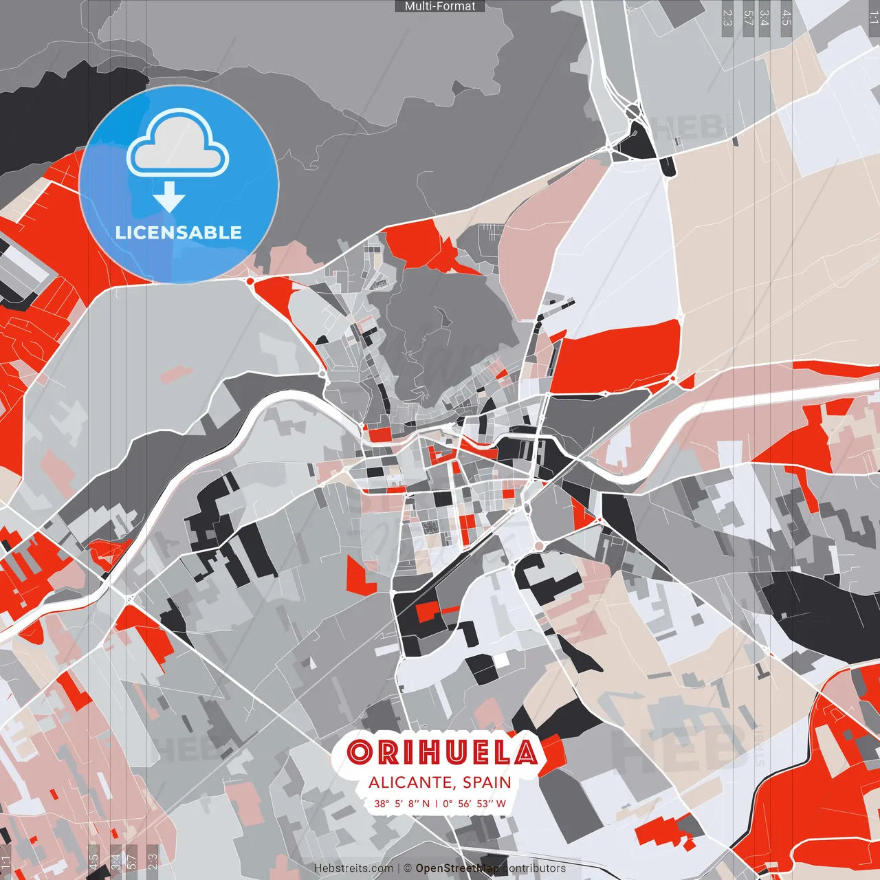 Orihuela, Alicante, Spain - modern street map poster template with gray and red tones