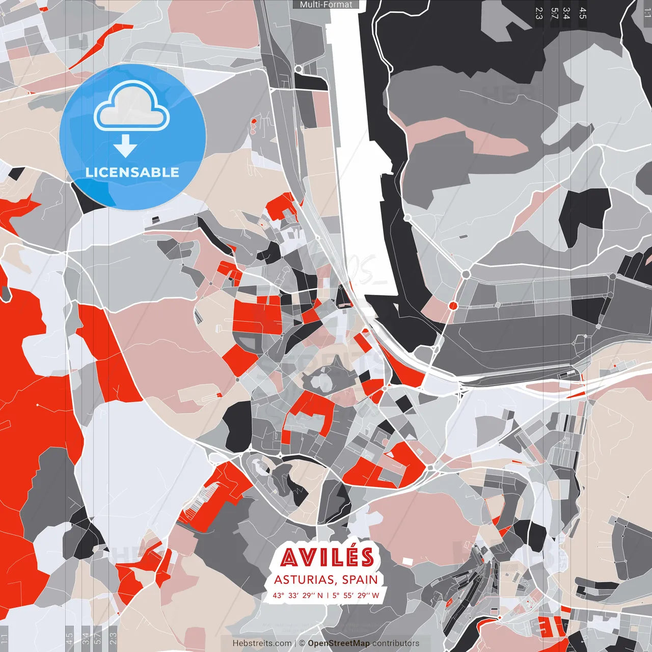 Avilés, Asturias, Spain - modern street map poster template with gray and red tones