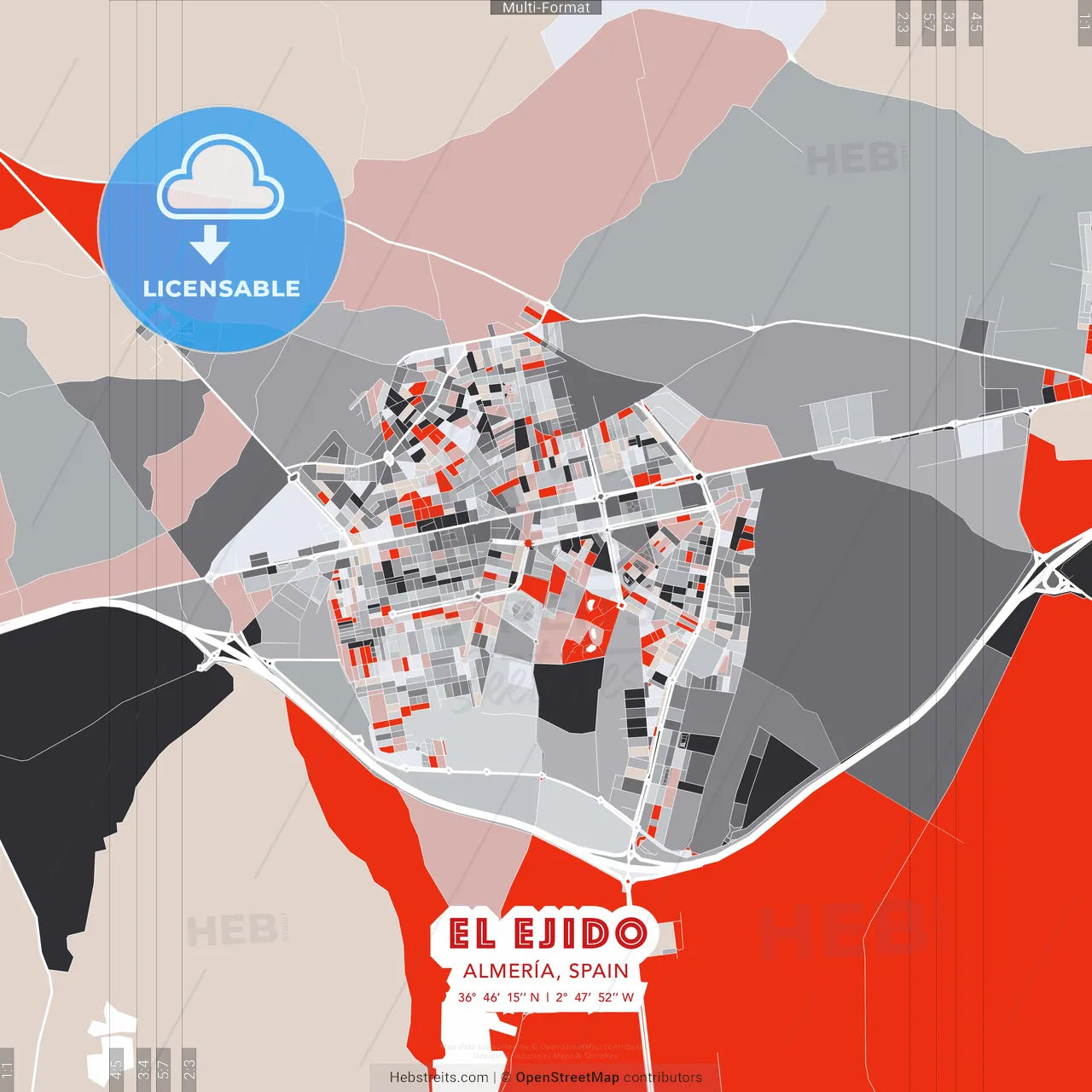 El Ejido, Almería, Spain - modern street map poster template with gray and red tones