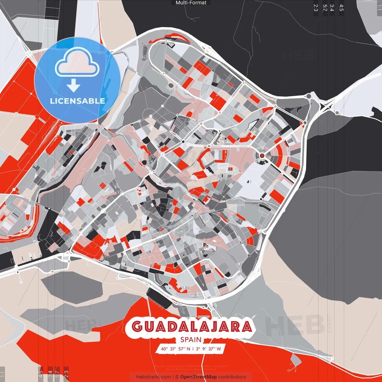 Guadalajara, Spain - modern street map poster template with gray and red tones