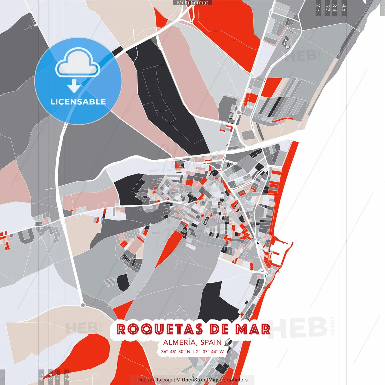 Roquetas de Mar, Almería, Spain - modern street map poster template with gray and red tones