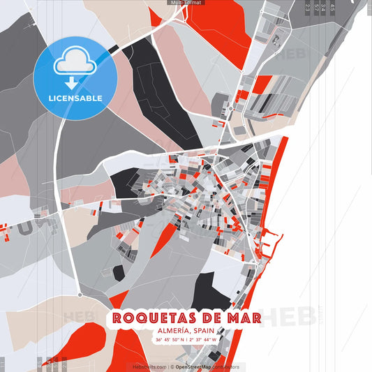 Roquetas de Mar, Almería, Spain - modern street map poster template with gray and red tones