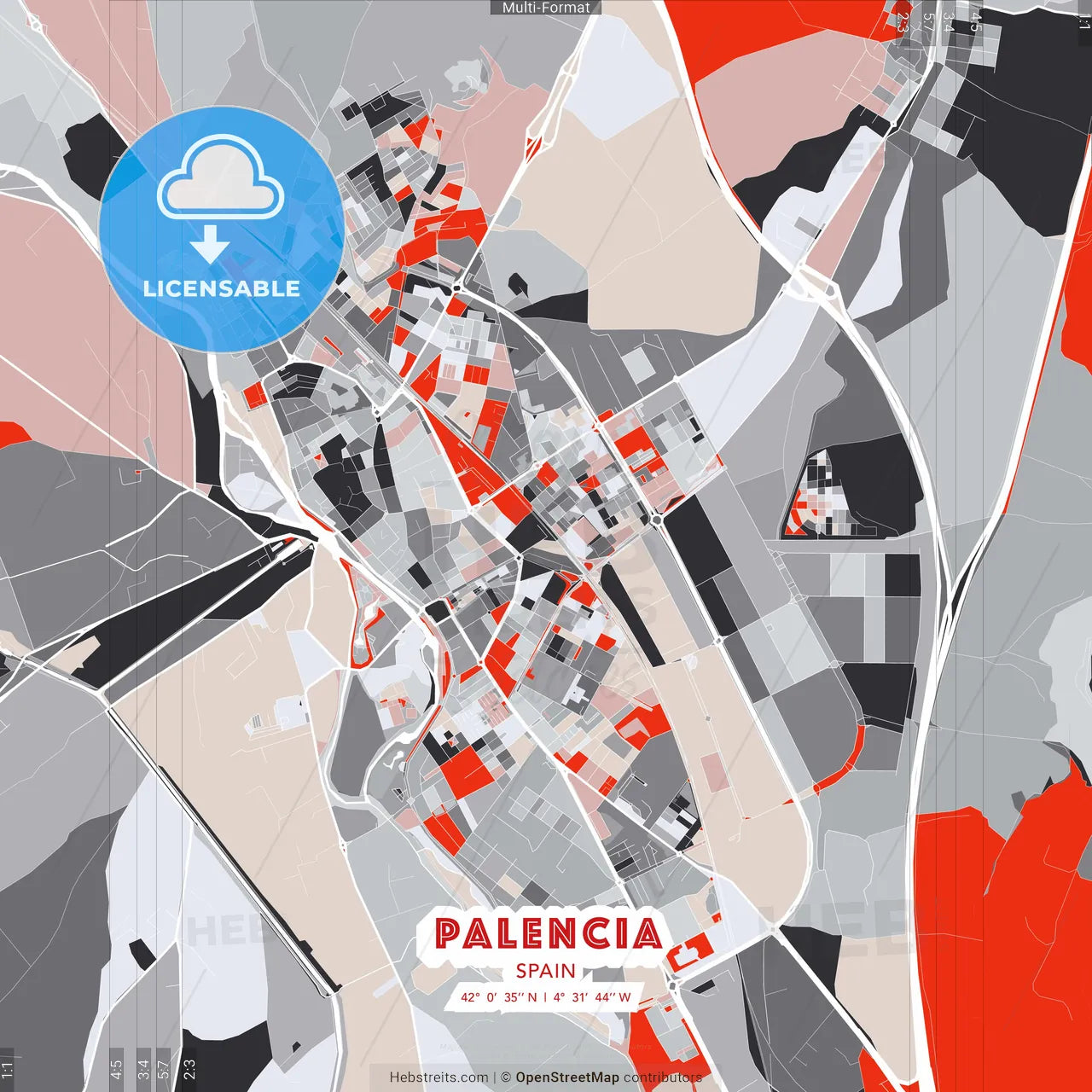 Palencia, Spain - modern street map poster template with gray and red tones