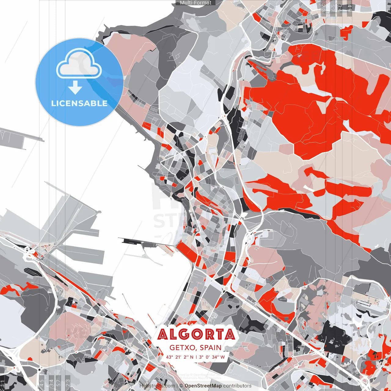Algorta, Getxo, Spain - modern street map poster template with gray and red tones