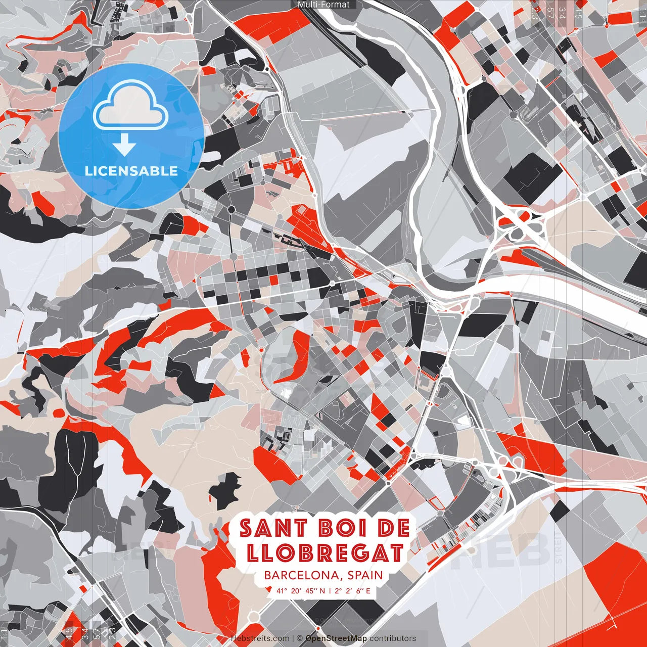 Sant Boi de Llobregat, Barcelona, Spain - modern street map poster template with gray and red tones