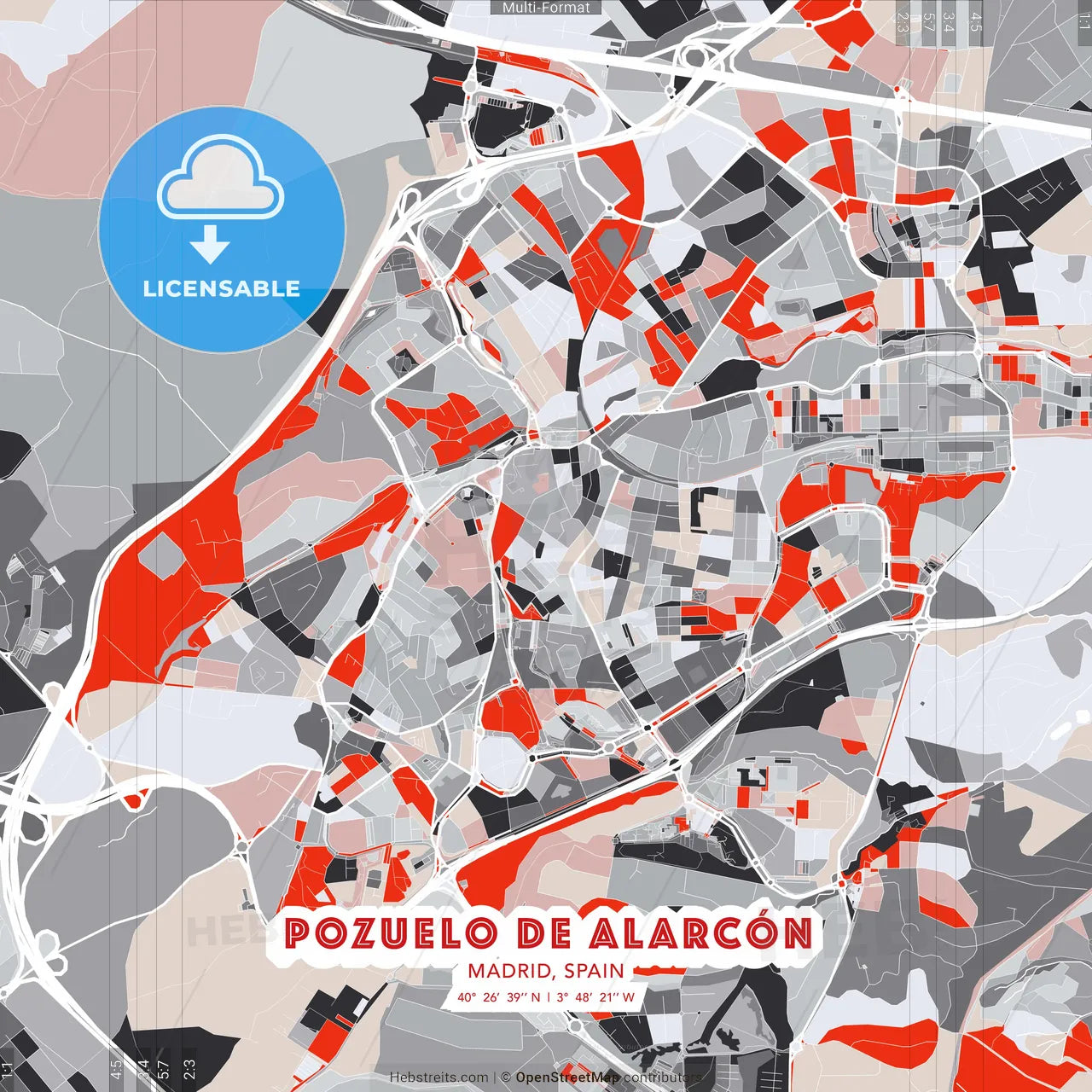 Pozuelo de Alarcón, Madrid, Spain - modern street map poster template with gray and red tones