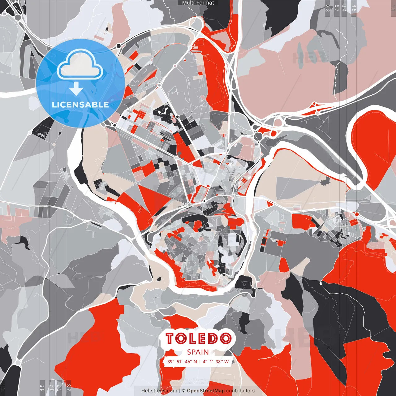 Toledo, Spain - modern street map poster template with gray and red tones