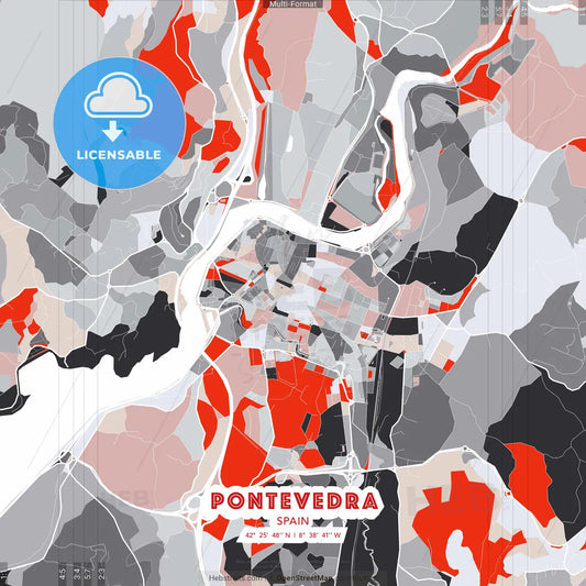 Pontevedra, Spain - modern street map poster template with gray and red tones