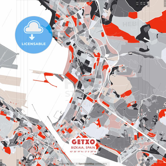 Getxo, Bizkaia, Spain - modern street map poster template with gray and red tones