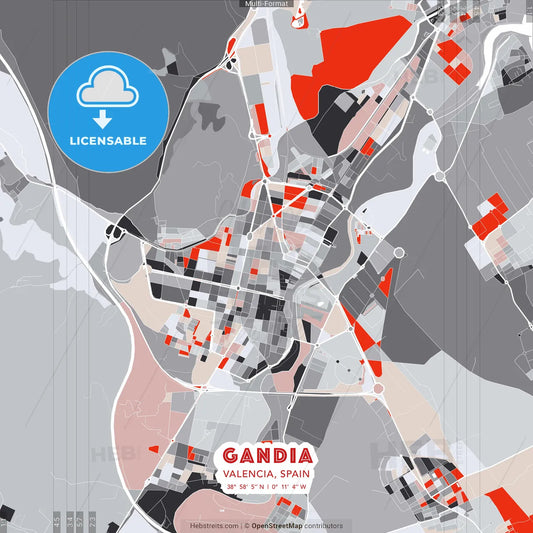 Gandia, Valencia, Spain - modern street map poster template with gray and red tones