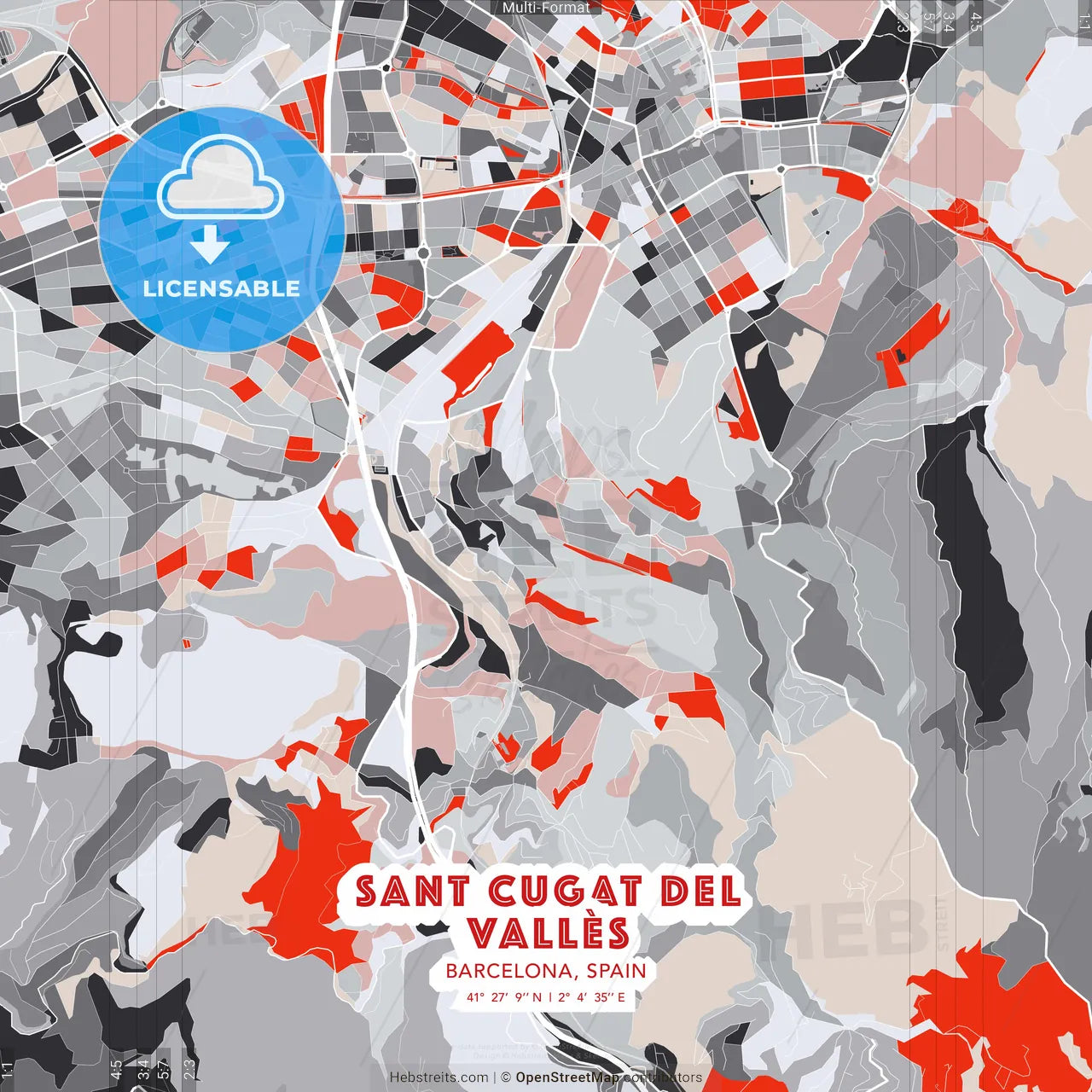 Sant Cugat del Vallès, Barcelona, Spain - modern street map poster template with gray and red tones