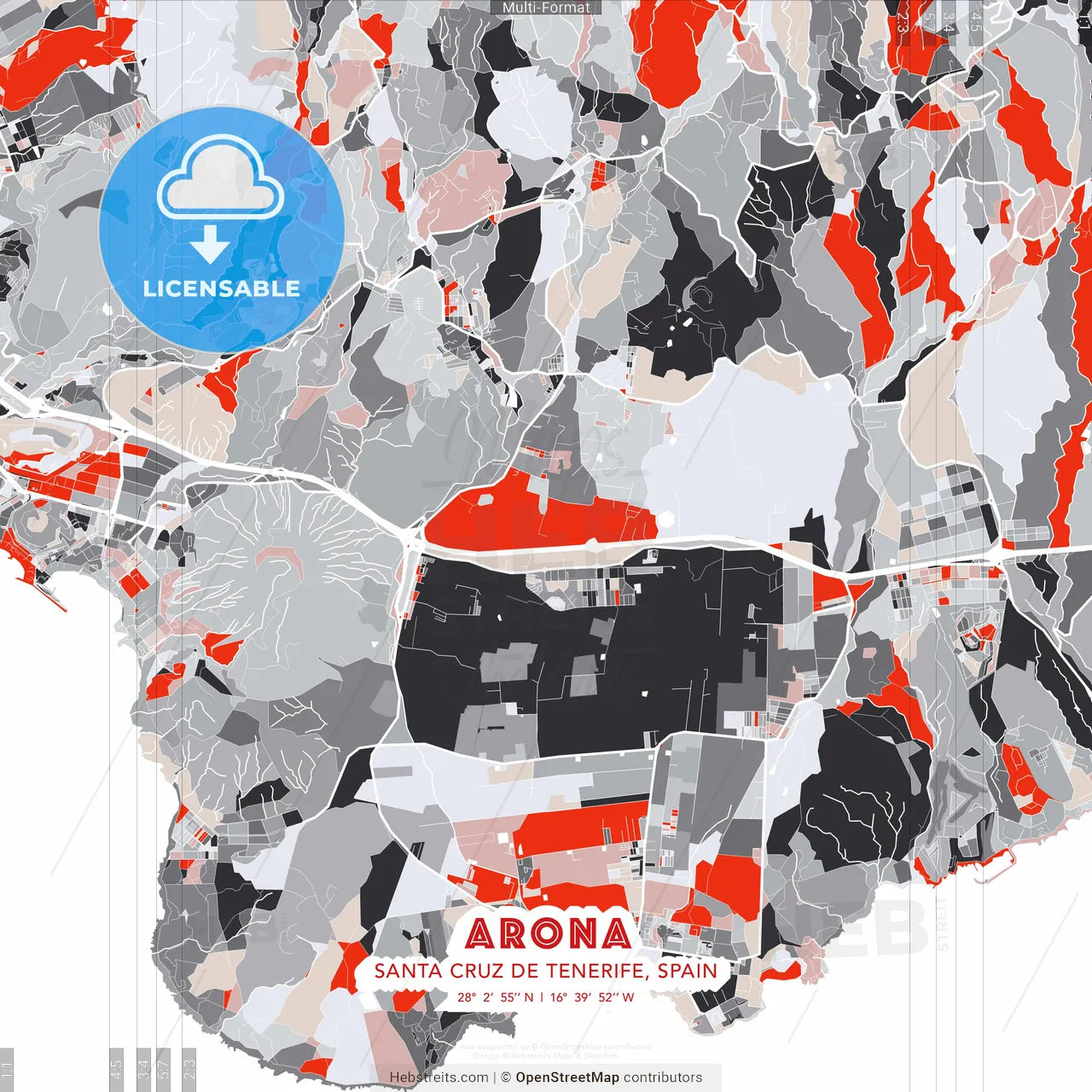 Arona, Santa Cruz de Tenerife, Spain - modern street map poster template with gray and red tones