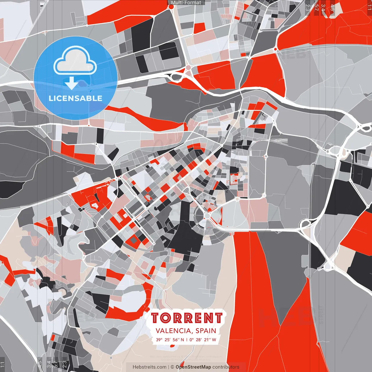 Torrent, Valencia, Spain - modern street map poster template with gray and red tones