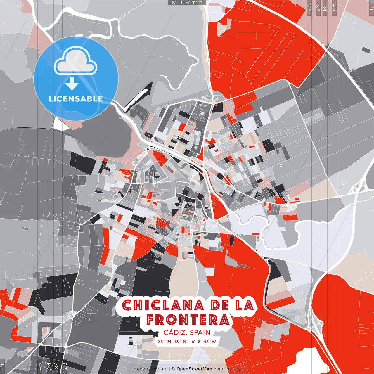 Chiclana de la Frontera, Cádiz, Spain - modern street map poster template with gray and red tones