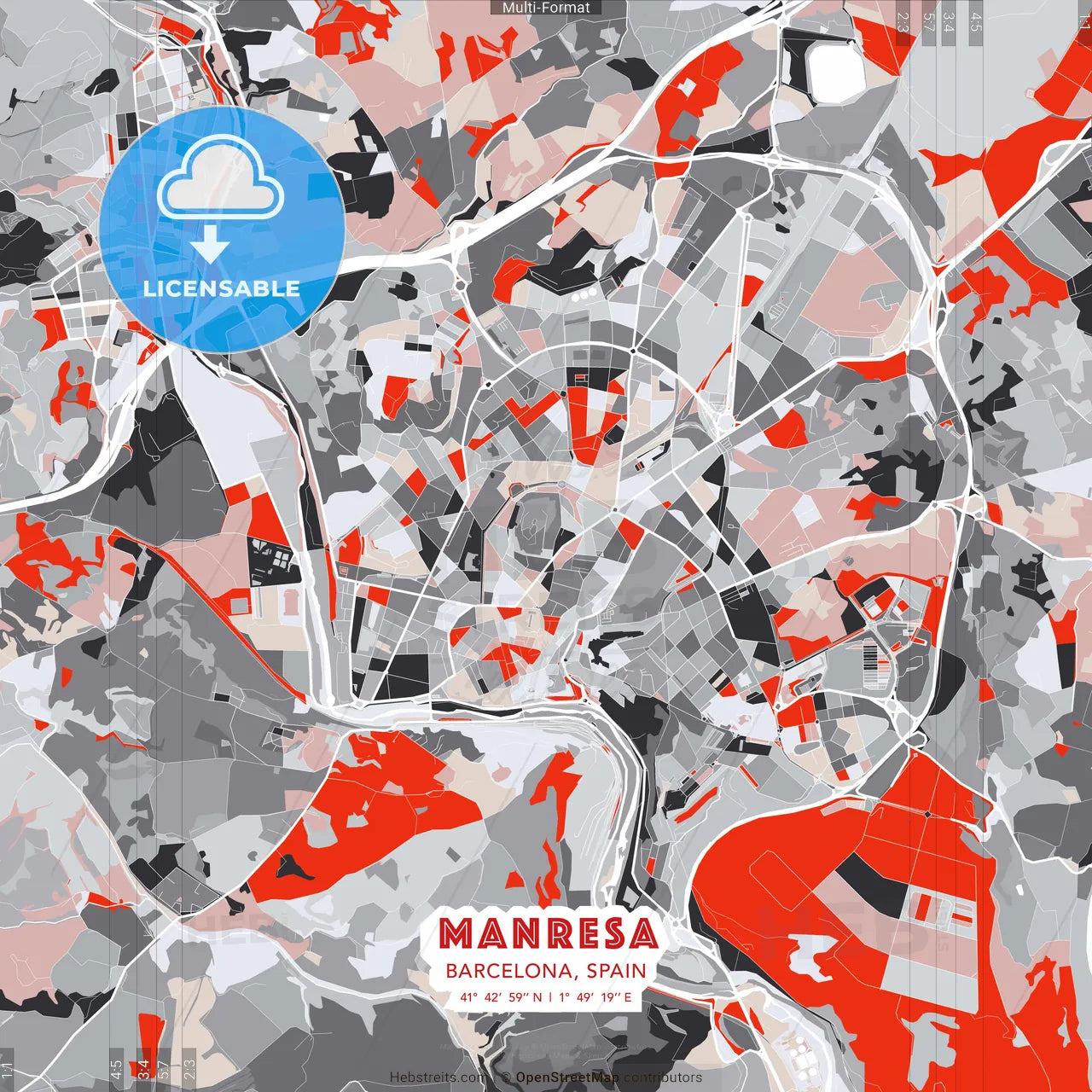 Manresa, Barcelona, Spain - modern street map poster template with gray and red tones
