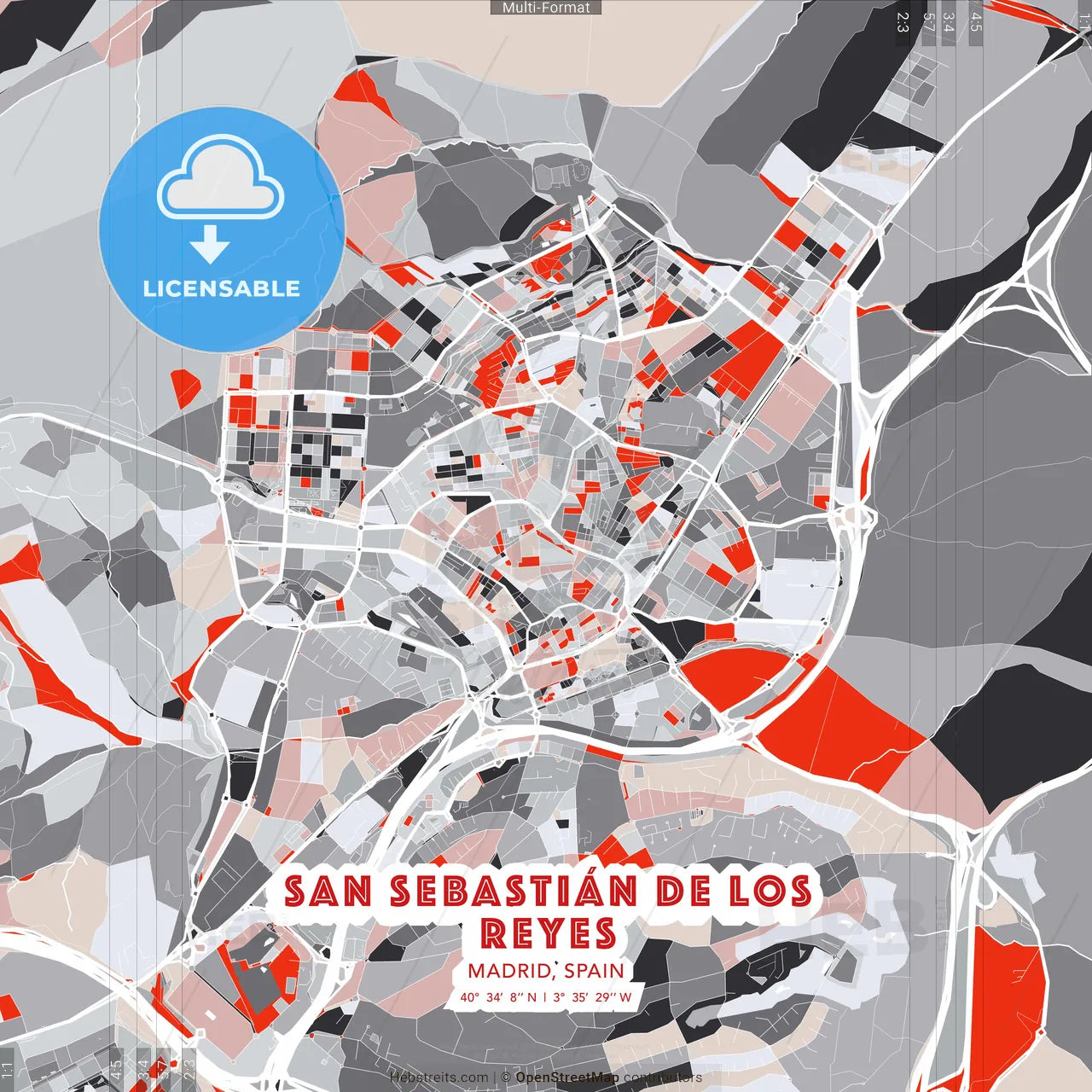 San Sebastián de los Reyes, Madrid, Spain - modern street map poster template with gray and red tones