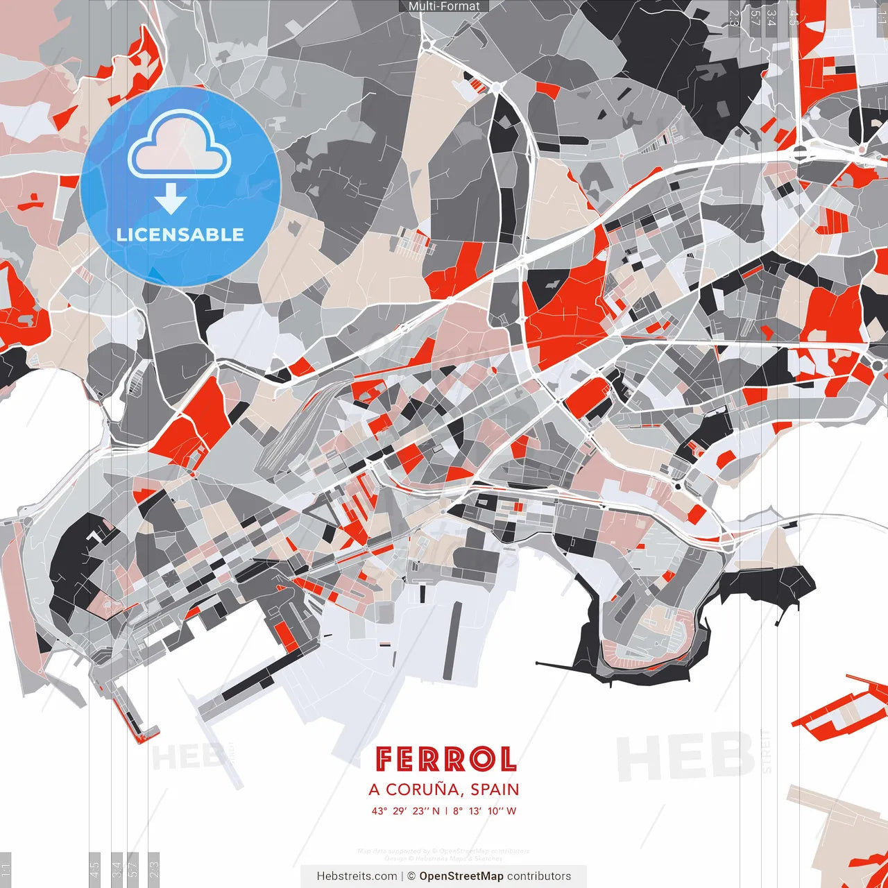 Ferrol, A Coruña, Spain - modern street map poster template with gray and red tones
