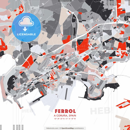 Ferrol, A Coruña, Spain - modern street map poster template with gray and red tones
