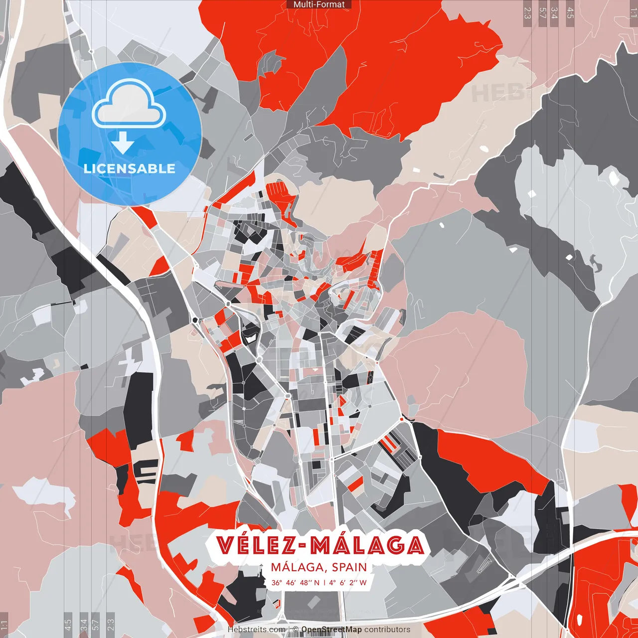 Vélez-Málaga, Málaga, Spain - modern street map poster template with gray and red tones