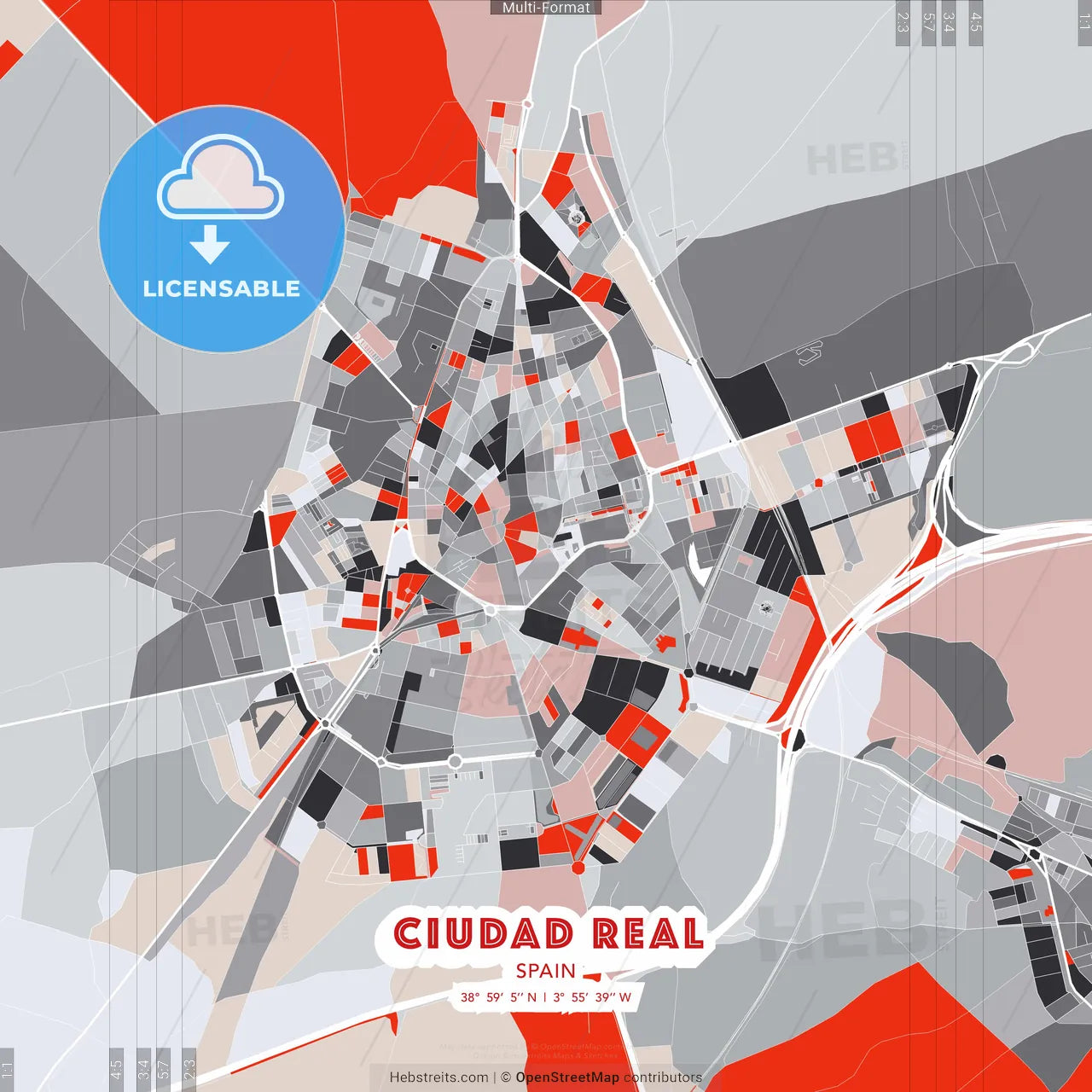 Ciudad Real, Spain - modern street map poster template with gray and red tones