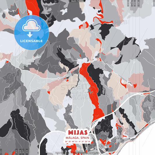 Mijas, Málaga, Spain - modern street map poster template with gray and red tones
