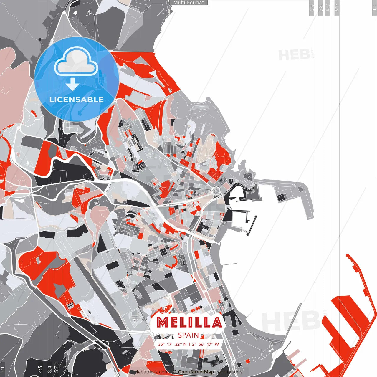 Melilla, Spain - modern street map poster template with gray and red tones