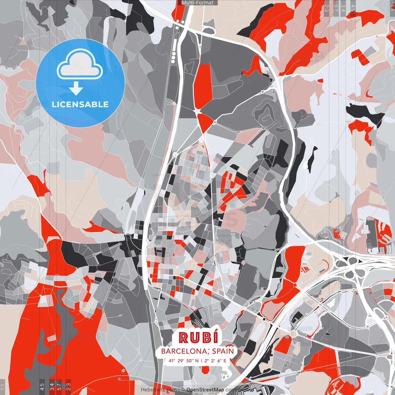 Rubí, Barcelona, Spain - modern street map poster template with gray and red tones