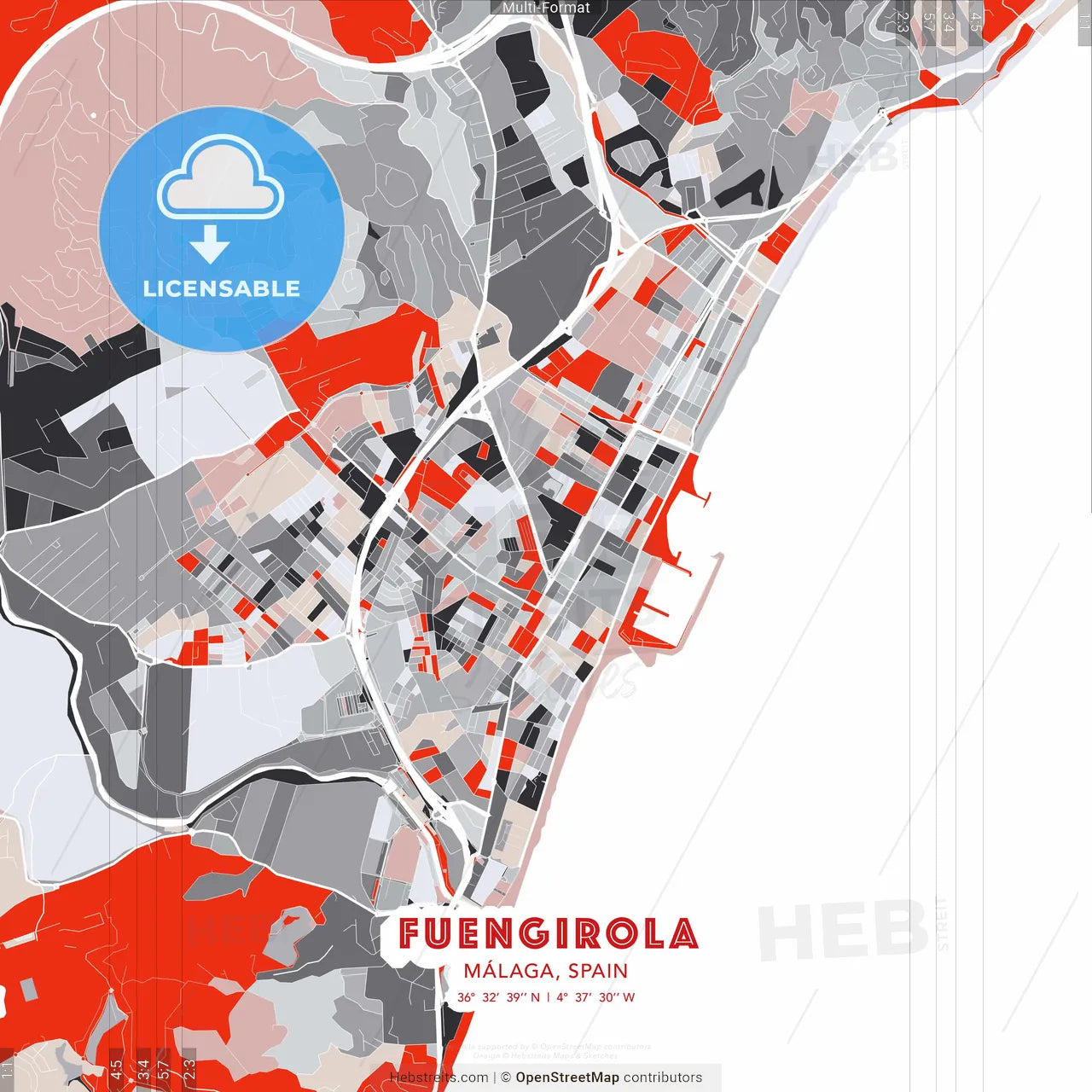 Fuengirola, Málaga, Spain - modern street map poster template with gray and red tones