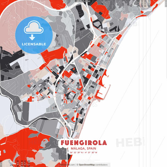 Fuengirola, Málaga, Spain - modern street map poster template with gray and red tones