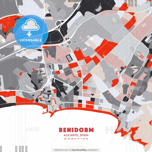 Benidorm, Alicante, Spain - modern street map poster template with gray and red tones