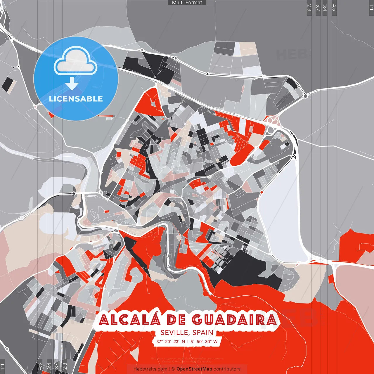 Alcalá de Guadaira, Seville, Spain - modern street map poster template with gray and red tones