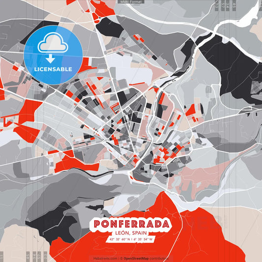 Ponferrada, León, Spain - modern street map poster template with gray and red tones