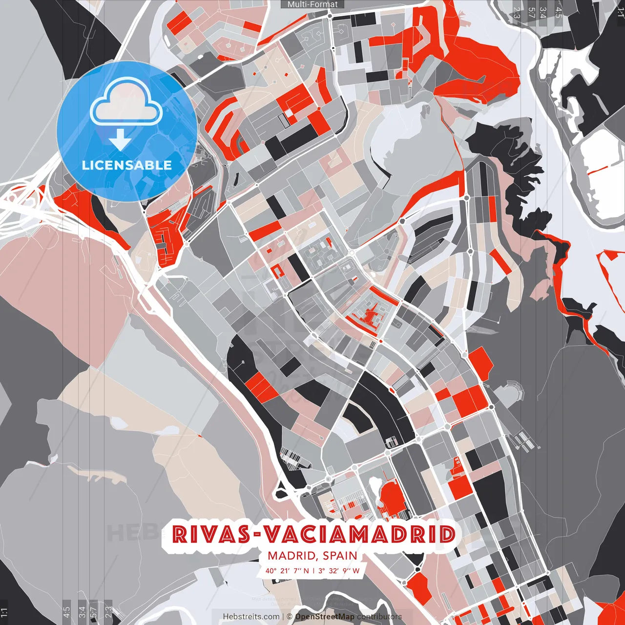 Rivas-Vaciamadrid, Madrid, Spain - modern street map poster template with gray and red tones