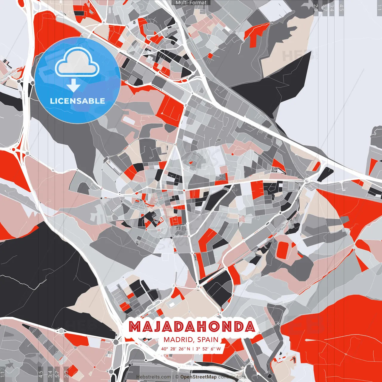 Majadahonda, Madrid, Spain - modern street map poster template with gray and red tones