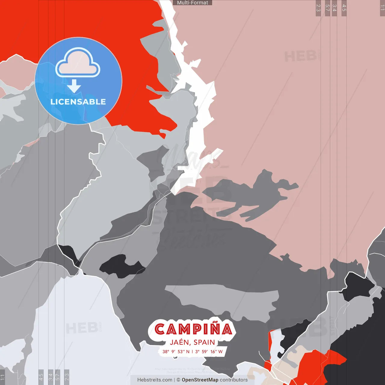 Campiña, Jaén, Spain - modern street map poster template with gray and red tones