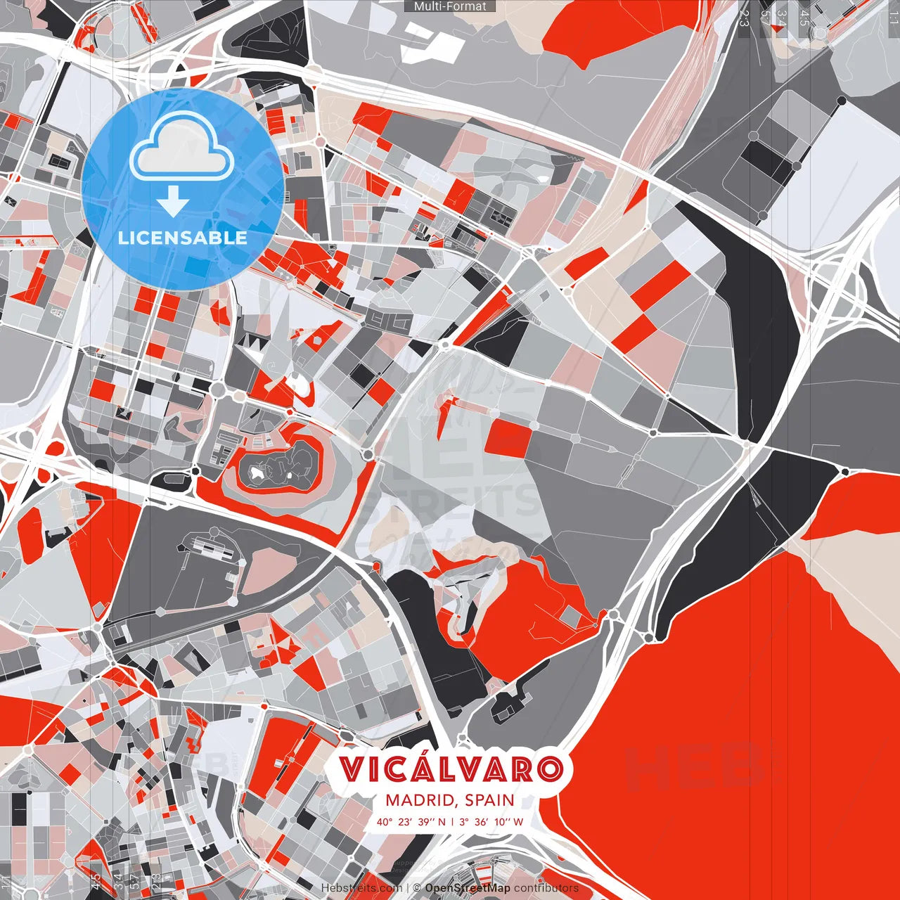 Vicálvaro, Madrid, Spain - modern street map poster template with gray and red tones