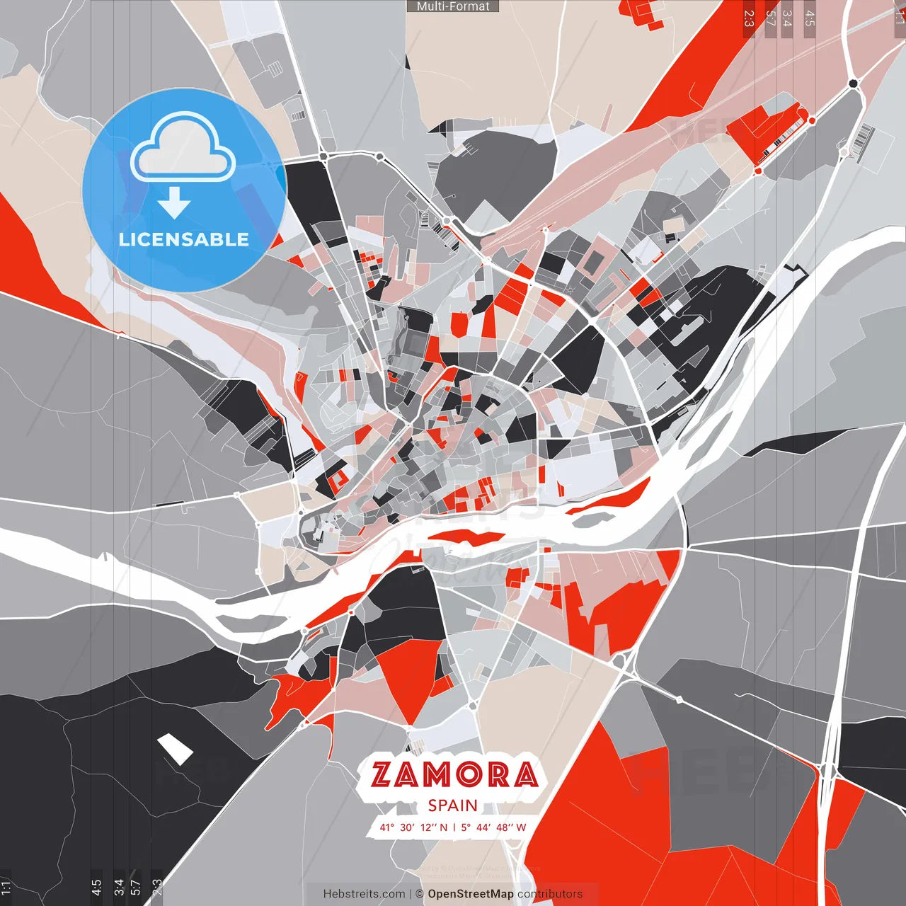 Zamora, Spain - modern street map poster template with gray and red tones