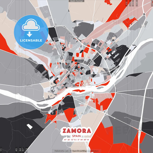 Zamora, Spain - modern street map poster template with gray and red tones