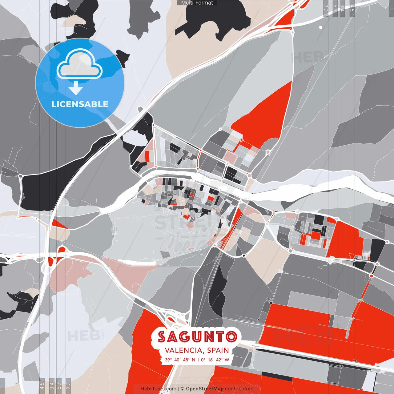Sagunto, Valencia, Spain - modern street map poster template with gray and red tones