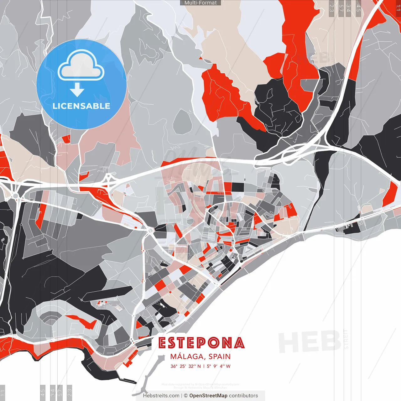 Estepona, Málaga, Spain - modern street map poster template with gray and red tones