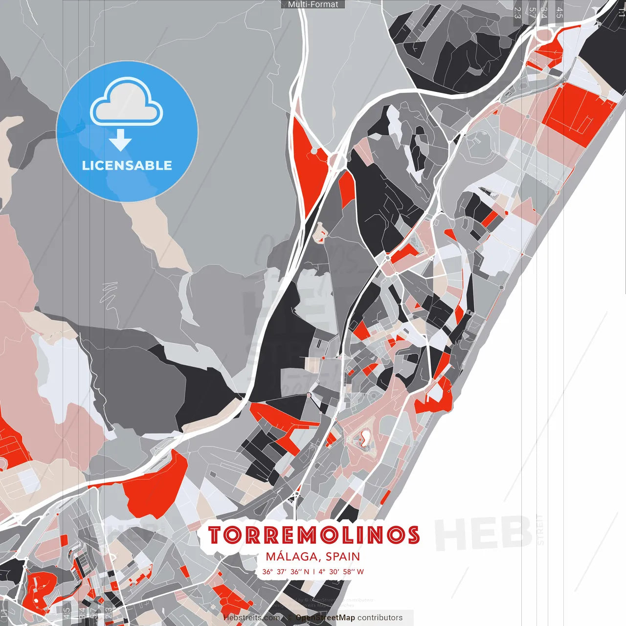 Torremolinos, Málaga, Spain - modern street map poster template with gray and red tones