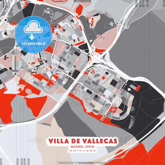 Villa de Vallecas, Madrid, Spain - modern street map poster template with gray and red tones