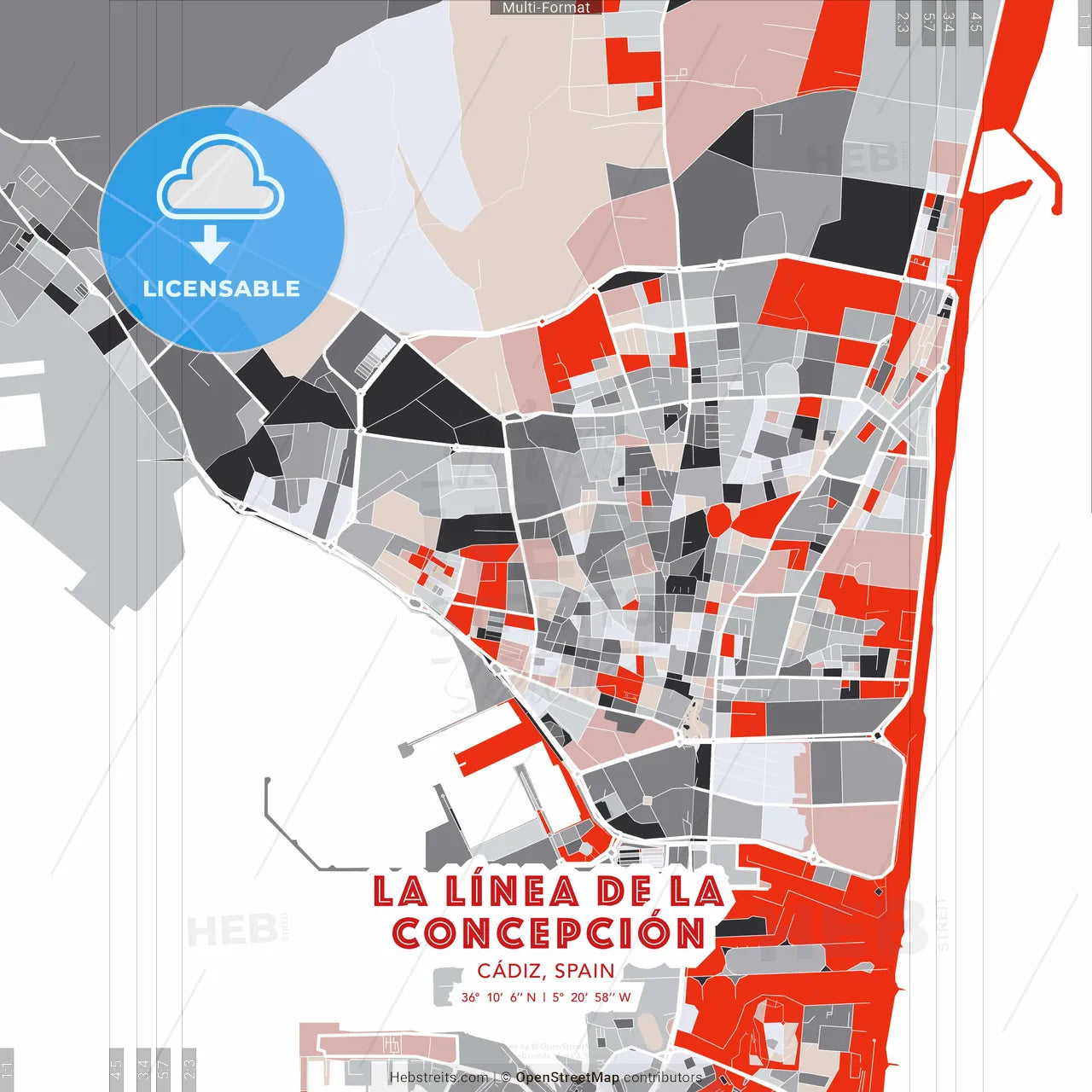 La Línea de la Concepción, Cádiz, Spain - modern street map poster template with gray and red tones