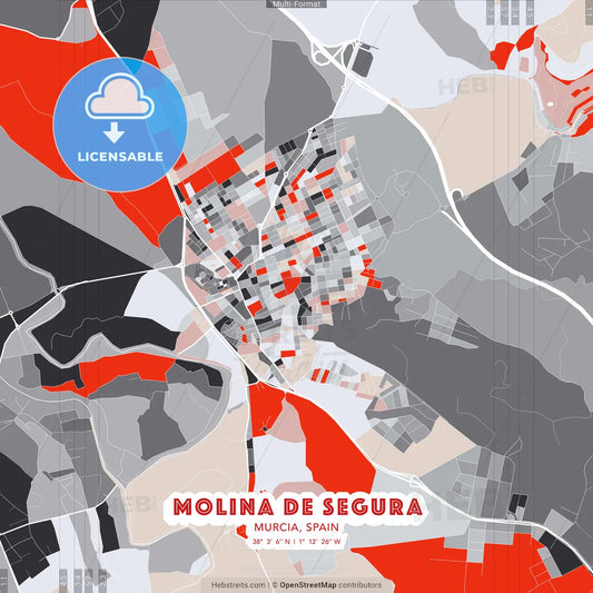 Molina de Segura, Murcia, Spain - modern street map poster template with gray and red tones