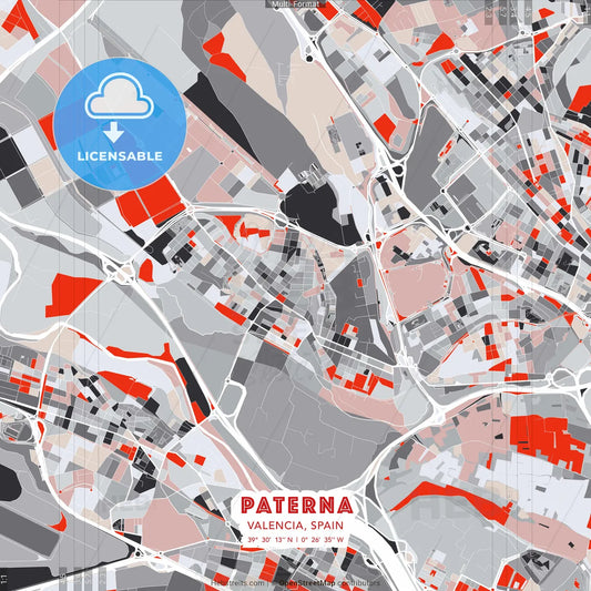 Paterna, Valencia, Spain - modern street map poster template with gray and red tones