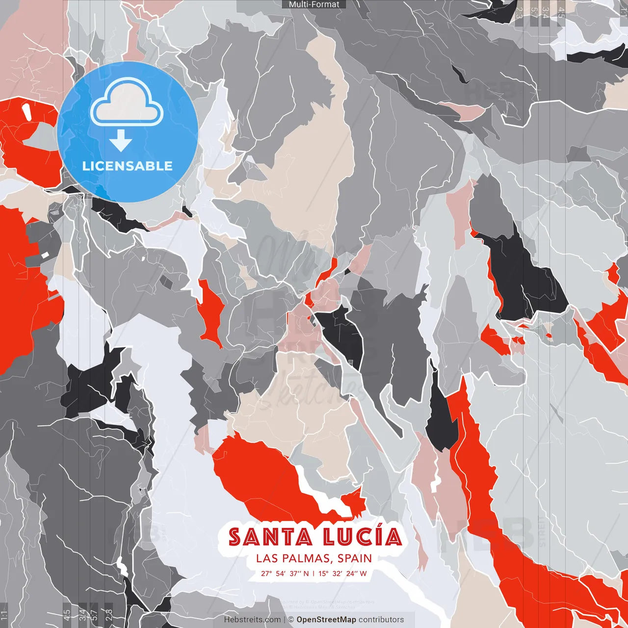 Santa Lucía, Las Palmas, Spain - modern street map poster template with gray and red tones